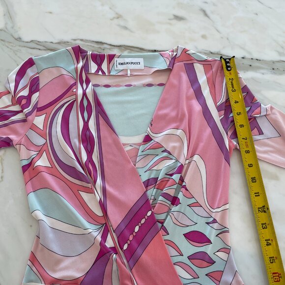 EMILIO PUCCI PINK MULTI FAUX WRAP BELTED DRESS SIZE IT 42 / US 8 - Picture 11 of 14